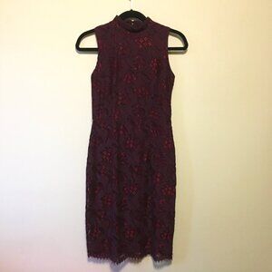 SEARS Elegant Burgundy Rayon + Cotton Lace Mockneck Dress